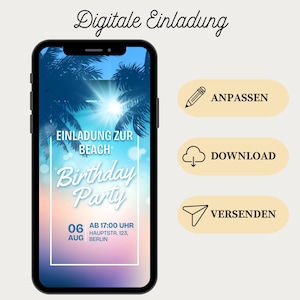 Birthday invitation beach party | WhatsApp invitation summer party | personalized card champagne celebration | digital invitation theme party