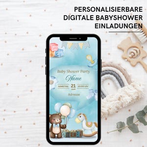 Faire-part de naissance numérique | Invitation à une baby shower | Carte électronique avec ours en peluche et cheval à bascule | Fête de révélation du sexe | Invitation WhatsApp
