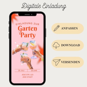 Einladung Gartenparty | Aperol Karte | Save the Date Card | Digitale Einladungskarte Cocktailparty in rosa | WhatsApp Einladung mit Musik