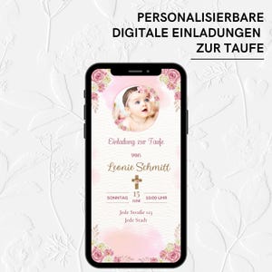 Invito al battesimo | eCard digitale in rosa con musica e foto del bambino | elegante biglietto di battesimo personalizzato | WhatsApp Save the Date per la celebrazione del battesimo