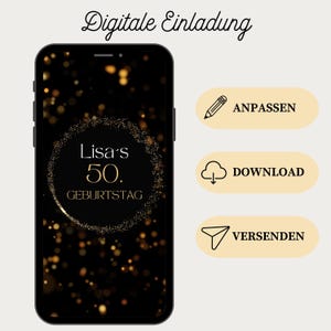 50th Birthday Invitation | I&#39;m turning 50! | Digital eCard in black and gold with music | Happy Birthday Card | WhatsApp Invitation
