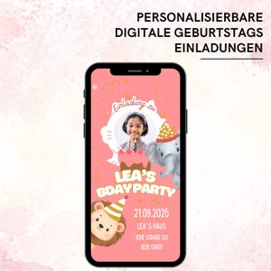 Zaproszenie na urodziny dla dzieci „Lion & Elephant” | Zaproszenie na imprezę safari | Cyfrowa e-kartka z muzyką i zdjęciem | Karta „Save the Date” na WhatsApp