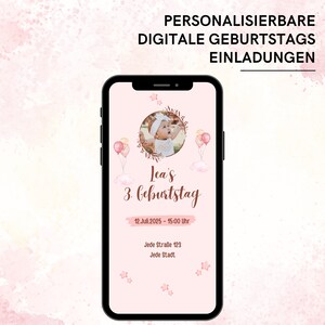 Zaproszenie na 3. urodziny dziewczynki | Zapisz datę imprezy balonowej | Różowa dziecięca karta WhatsApp na urodziny | Cyfrowa e-kartka z muzyką i zdjęciem