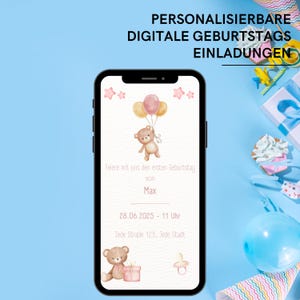 Convite de 1º aniversário de menino | Cartão do WhatsApp com ursinho de pelúcia e balões | Reserve a data para o aniversário de uma criança | Cartão eletrônico digital com música
