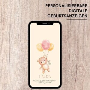 Faire-part de naissance numérique avec ourson et ballons | Carte virtuelle baby shower beige rose | Carte de révélation de sexe numérique | Carte « Save the Date » WhatsApp
