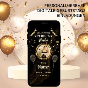 Geburtstagsparty Einladung mit Foto | Save the Date Card in Schwarz-Gold | 30. Geburtstag | digitale eCard | WhatsApp Einladung