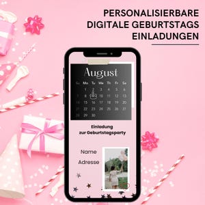 Cyfrowe zaproszenie urodzinowe | różowa e-kartka z muzyką, kalendarzem i zdjęciem solenizanta | Karta z zaproszeniem na imprezę WhatsApp dla kobiet