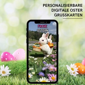 Carte de vœux de Pâques numérique eCard | trois lapins mignons avec des paniers de Pâques | eCard personnalisée avec musique | carte WhatsApp numérique pour Pâques