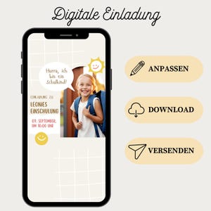 First day of school invitation | Digital back-to-school save-the-date card | WhatsApp eCard for 1st grade with photo | Canva template for school enrollment