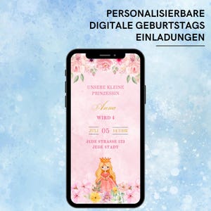 Invitation anniversaire enfant pour les 4 ans d'une fille | Carte princesse numérique avec musique | Carte rose « Save the date » | Modèle Canva