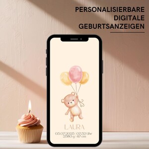 Annuncio di nascita digitale con orsacchiotto e palloncini | eCard Baby Shower Bambina Bambino | Beige Rosa | Scheda digitale con musica | Carta WhatsApp
