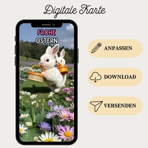 Carte de vœux de Pâques numérique eCard | trois lapins mignons avec des paniers de Pâques | eCard personnalisée avec musique | carte WhatsApp numérique pour Pâques
