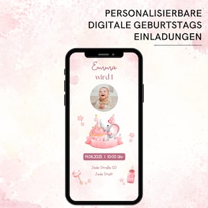 Einladung 1. Geburtstag Mädchen | WhatsApp Save the Date Karte Kindergeburtstag | eCard mit Musik und Foto | Party Einladung mit Elefant