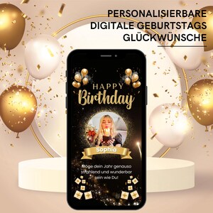 Geburtstagskarte | Save the Date Card mit Musik | 21. Geburtstag Karte in Schwarz-Gold | WhatsApp Karte | Ballons, Geschenke und Feuerwerk