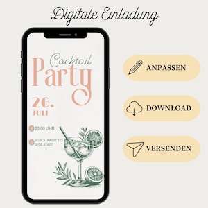 Invitation cocktail personnalisée | Carte électronique numérique au design vintage | Invitation garden-party WhatsApp | Modèle de carte d'invitation Canva