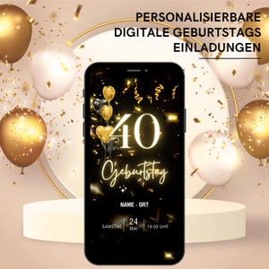 Invito di compleanno 40° compleanno | Biglietto di auguri di buon compleanno nero e oro | Invito alla festa 40 digitale | Salva la data | Carta WhatsApp