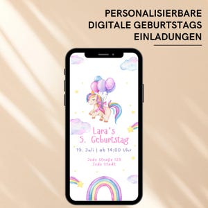 Zaproszenie na urodziny dla dzieci z jednorożcem i tęczą | 5. urodziny dziewczynki | Cyfrowa e-kartka | Zapisz datę w WhatsApp | Szablon Canva