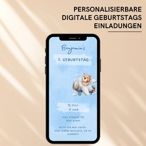 Einladung 1. Geburtstag Junge mit Teddybär & Flugzeug | WhatsApp Save the Date Kindergeburtstag | Digitale eCard mit Musik | Party Einladung