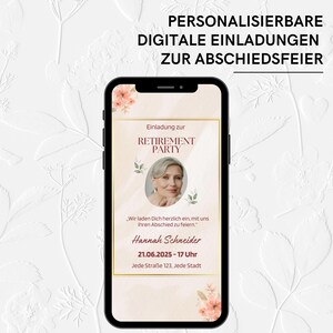 Invitation à une fête de départ à la retraite | eCard numérique avec musique et photo | Carte WhatsApp pour la fête d'adieu | Carte « Save the Date » en beige-rouge