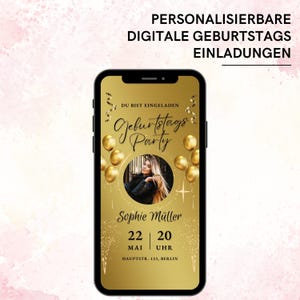 Invitation numérique pour les 18 ans d'une femme | Invitation WhatsApp avec ballons dorés | Carte « Save the Date » | Modèle Canva