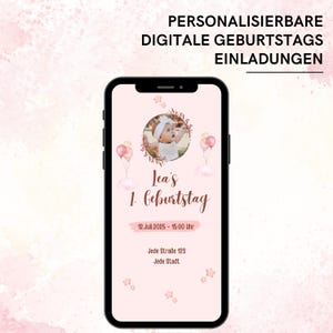 Convite para 1º aniversário de menina | Reserve a data para festa com balões | Cartão rosa para WhatsApp de aniversário infantil | Cartão digital eletrônico com música e foto