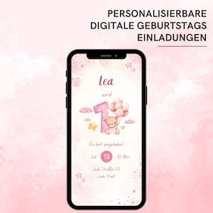 Einladung 1. Geburtstag Mädchen | WhatsApp Save the Date Karte Kindergeburtstag mit Teddybär & Luftballons | Digitale eCard mit Musik