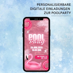 Einladung Poolparty rosa Flamingo | Digitale Save the Date Karte Sommerparty | WhatsApp Einladung Cocktailparty Gartenfest | Canva Vorlage