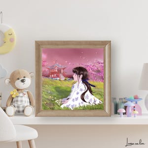 Poster manga, fleurs de cerisier du japon | Affiche jeunesse romantique | art mural doux et poétique | illustration onirique pour enfant