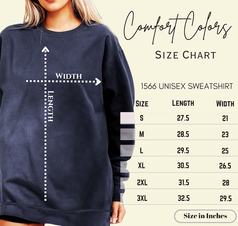 Puede incluir: Una sudadera unisex azul marino con una tabla de tallas. La tabla enumera las medidas en pulgadas para largo y ancho, desde la talla S hasta la 3XL. Tambi&eacute;n se ve el texto "Comfort Colors" y "1566 Unisex Sweatshirt".
