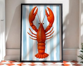 Kreeft keukenkunst, kustmuurafdruk, nautische poster, kreeft illustratie, strandhuisdecor, zeevruchtenkunst