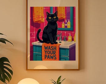 Funny Cat Bathroom Poster, Wash Your Paws Print, Black Cat Wall Art, Retro Bathroom Decor, Cat Lover Gift