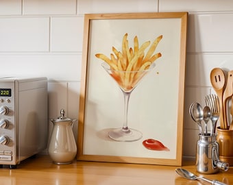 Arte de parede com batatas fritas em taças de Martini | Decoração divertida para cozinha de fast food | Impressão de ilustração de ketchup | Pôster de comida peculiar para cafeteria
