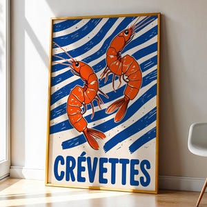Póster de camarones Crevettes: arte mural de mariscos franceses con rayas azules - Impresión digital Coastal Kitchen