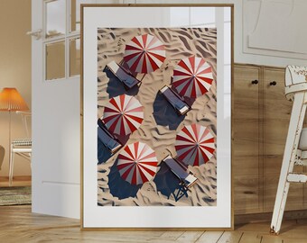 Red Beach Umbrella Poster – Retro Summer Wall Art – Coastal Sand Printable Decor