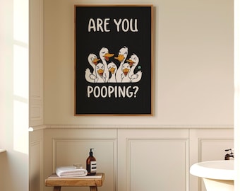 Funny Duck Bathroom Wall Art | Are You Pooping Quote Print | White Cartoon Ducks Poster | Humorous Toilet Decor for Guest Bathroom