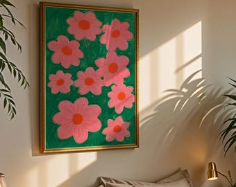 Pink Daisy Wall Art, Green Background Floral Poster, Retro Flower Print, Colorful Room Decor, Groovy Flower Illustration