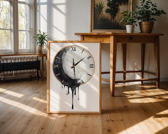 Melting Clock Wall Art, Surreal Drip Clock Print, Black White Abstract Time Decor, Gothic Modern Home Poster, Digital Download