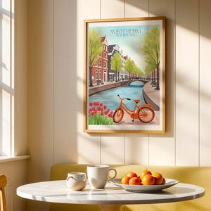 Amsterdam Netherlands Poster, Orange Bike Canal Print, Dutch Travel Wall Art, Tulip Street Illustration