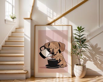 Arte mural de perro con café, impresión de un lindo perro salchicha con café, póster divertido de café, regalo para amantes de los perros, decoración de cafetería, ilustración minimalista de perro
