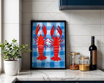 Red Lobster Kitchen Wall Art, Coastal Nautical Printable, Sea Food Illustration, Digital Download Poster