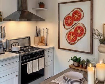 Väggkonsttryck med tomattoast | Illustration av rustikt bröd med färska tomater | Köksmataffisch | Inredning i medelhavsstil med café