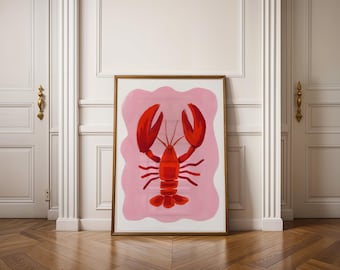 Lobster Wall Art Print, Coastal Kitchen Decor, Red Lobster Illustration, Nautical Sea Life Poster, Digital Download