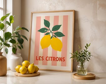 Lemon Wall Art, Les Citrons Print, Retro Kitchen Decor, French Market Poster, Fruit Illustration