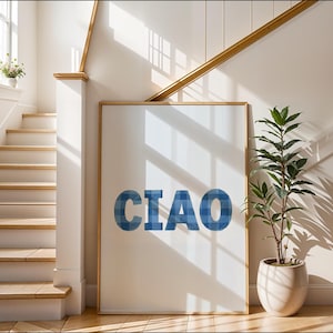 Ciao Poster, Blue Checkered Wall Art, Italian Greeting Print, Minimalist Typography Art, Retro Kitchen Decor, Bold Italy Wall Print