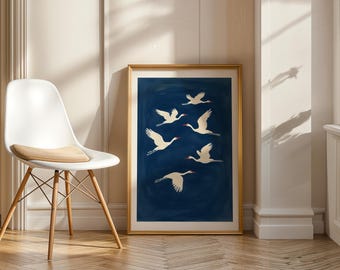 Minimal Crane Wall Art, Japanese Bird Printable Poster, Blue White Nature Decor, Peaceful Boho Home Print
