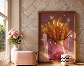 Glittery French Fries Poster, Sparkle Fast Food Wall Art Print, Pop Art Kitchen Decor, Pink Aesthetic  for Diner or Cafe Walls