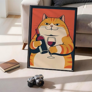 Funny Wine Cat Art Print – Orange Tabby Cat with Wine Bottle and Glass