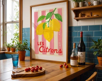 Zitrone Wand Kunst, Französische Küche Druck, Les Citrons Poster, Obst Küchen Dekor, Retro Zitrone Druck, Bunte Sommer Kunst