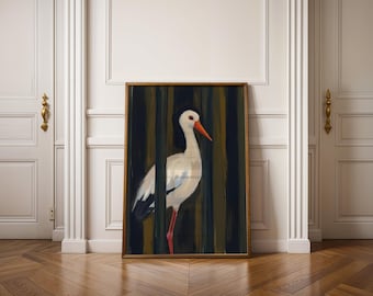 Elegant White Stork Digital Print – Minimal Bird Illustration in Moody Dark Tones