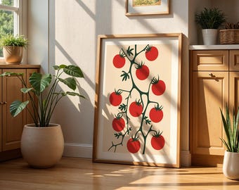 Tomato Vine Wall Art – Minimalist Red Tomato Poster, Rustic Farmhouse Kitchen Printable, Vintage Vegetable Illustration